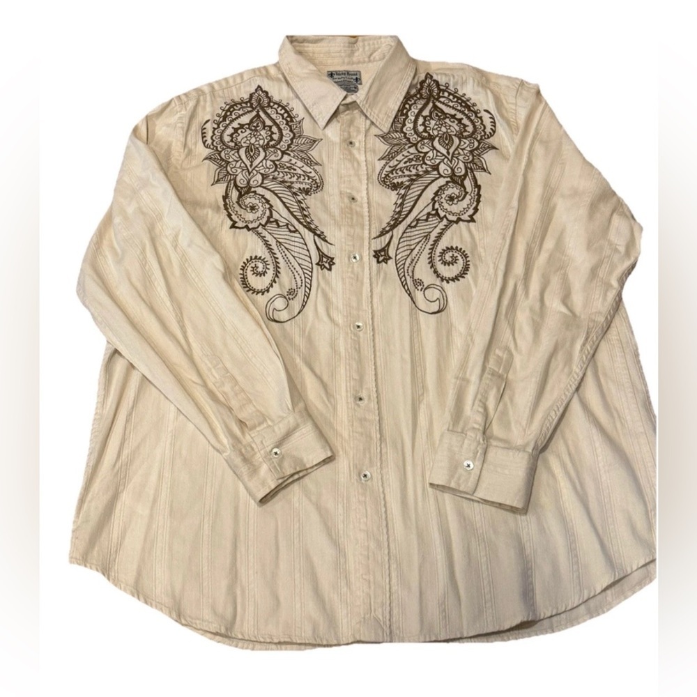 Lucky Brand Embroidered Western Snap Shirt Cream Paisley Cotton XXL Vintage